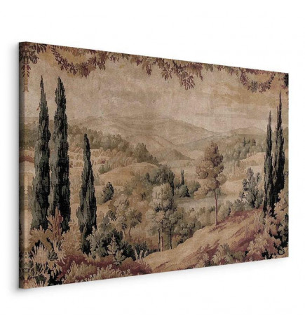 Paveikslas - Mediterranean landscape - old tapestry with a hill and a lake