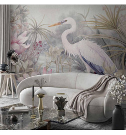 Wall Mural - Heron wading in a pond - illustration in bright colours