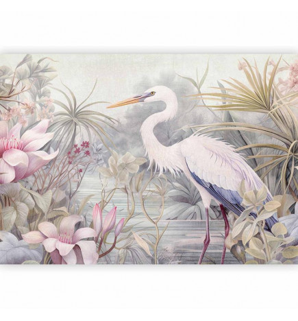 Fototapetti - Heron wading in a pond - illustration in bright colours