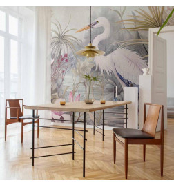Fototapeta - Heron wading in a pond - illustration in bright colours