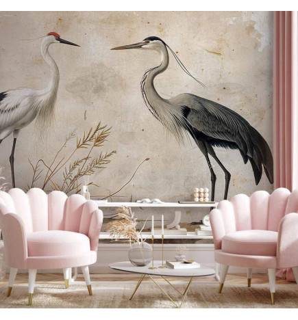 Mural de parede - Birds from an old engraving - vintage-style illustration depicting a heron and a crane