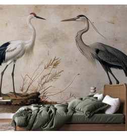 Fototapete - Birds from an old engraving - vintage-style illustration depicting a heron and a crane