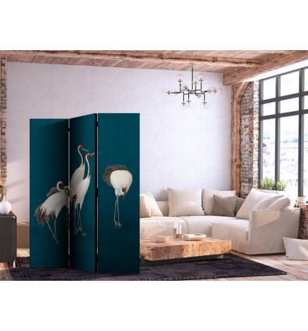 Paravento - Evening by the pond - a group of cranes drawn with dry pastels on a dark turquoise background