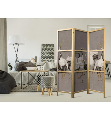 Paravento giapponese - Crane dance - bright silhouettes of birds on a warm grey background with texture