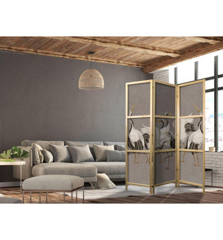Paravento giapponese - Crane dance - bright silhouettes of birds on a warm grey background with texture