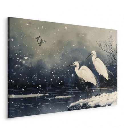 Tableau - Herons over a winter pond - Japanese-style illustration in dark colours