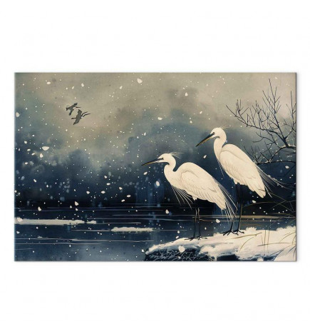 Paveikslas - Herons over a winter pond - Japanese-style illustration in dark colours