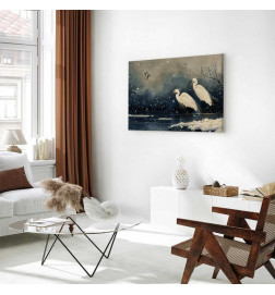 Canvas Print - Herons over a winter pond - Japanese-style illustration in dark colours