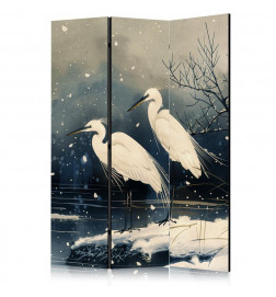 Paravent - Herons over a winter pond - Japanese-style illustration in dark colours