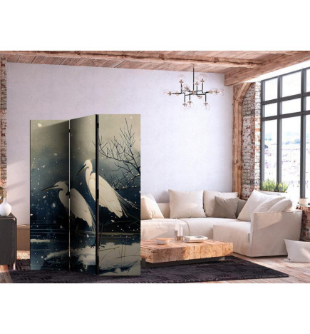 Paravento - Herons over a winter pond - Japanese-style illustration in dark colours