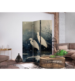 Paravento - Herons over a winter pond - Japanese-style illustration in dark colours
