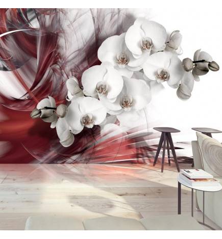 Fotomurale con le orchidee artistiche con lo sfondo bordeaux