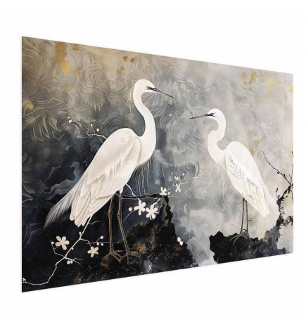 Plakatas - Herons and Cherry Blossom - oriental-style illustration depicting birds