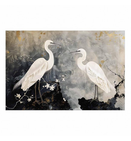 Plakat - Herons and Cherry Blossom - oriental-style illustration depicting birds