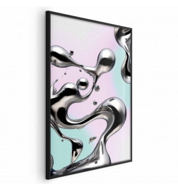 Poster - Metallic Fluidity - abstract silver forms on a mint-purple background