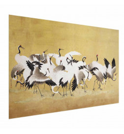 Plakāts - Japanese Cranes - a flock of birds against a golden background based on the painting of Ishida Yūtei