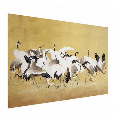 Juliste - Japanese Cranes - a flock of birds against a golden background based on the painting of Ishida Yūtei