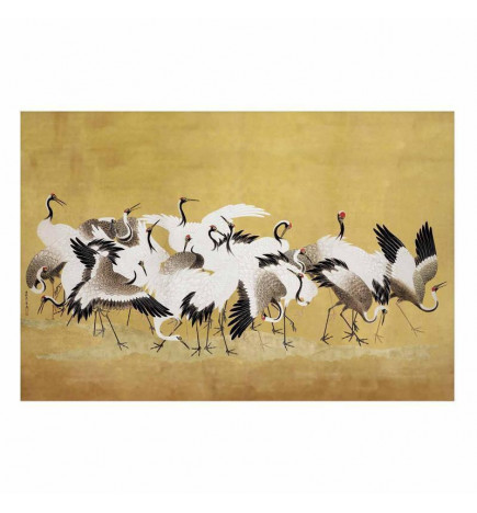 Plakāts - Japanese Cranes - a flock of birds against a golden background based on the painting of Ishida Yūtei