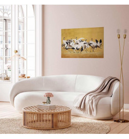 Plakāts - Japanese Cranes - a flock of birds against a golden background based on the painting of Ishida Yūtei