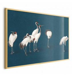 Plakatas - Evening at the Pond - group of cranes drawn in dry pastel on a dark turquoise background