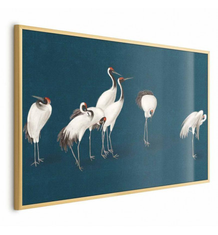 Plakatas - Evening at the Pond - group of cranes drawn in dry pastel on a dark turquoise background