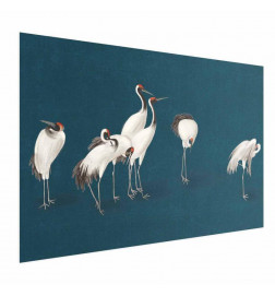 Poster - Evening at the Pond - group of cranes drawn in dry pastel on a dark turquoise background