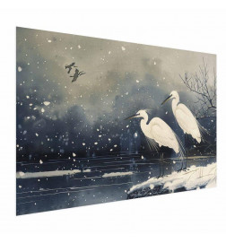 Plakāts - Herons over a Winter Pond - illustration in the Japanese style in dark colors