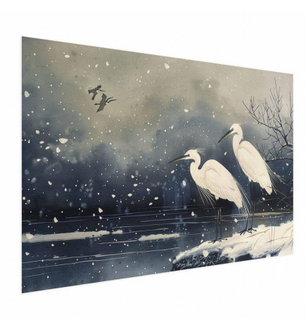 Poster - Herons over a Winter Pond - illustration in the Japanese style in dark colors