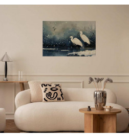 Plakatas - Herons over a Winter Pond - illustration in the Japanese style in dark colors