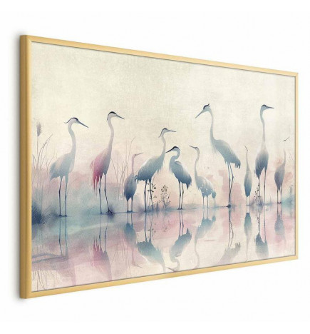 Plakāts - Birds by the Lake - herons painted in watercolor in a delicate, gray-pink palette