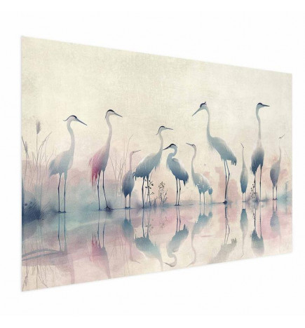 Juliste - Birds by the Lake - herons painted in watercolor in a delicate, gray-pink palette