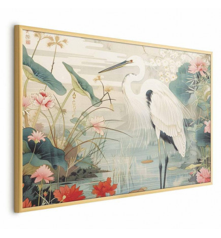 Poster - Over the Asian Pond - illustration in the Japanese print style featuring a heron