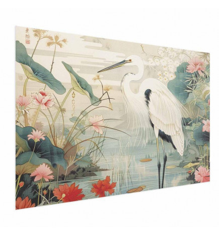 Plakatas - Over the Asian Pond - illustration in the Japanese print style featuring a heron