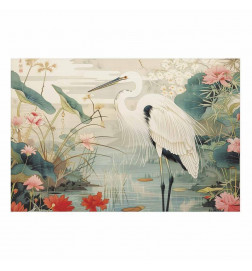 Juliste - Over the Asian Pond - illustration in the Japanese print style featuring a heron