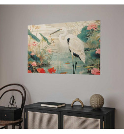 Juliste - Over the Asian Pond - illustration in the Japanese print style featuring a heron