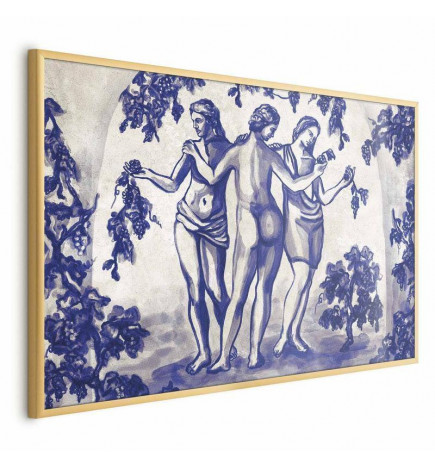 Juliste - Ancient Vineyard - three women in a portal painted in blue ink