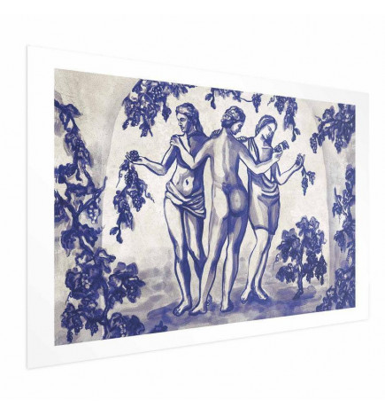 Poster - Ancient Vineyard - three women in a portal painted in blue ink