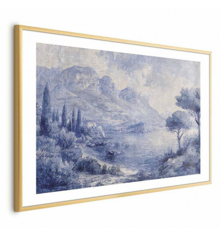 Plakatas - Blue Bay - Italian Landscape of Lake Como Painted in Blue Ink