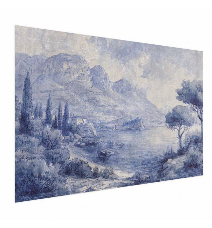 Plakatas - Blue Bay - Italian Landscape of Lake Como Painted in Blue Ink