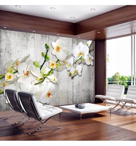 Fotomurale con delle orchidee bianche con il legno