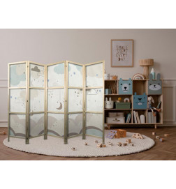 Japanese Room Divider - Cloudy Night Sky - Moons in browns and beiges among numerous clouds and stars on a light backgro