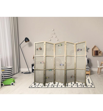 Paravento giapponese - Cloudy Night Sky - Moons in browns and beiges among numerous clouds and stars on a light backgrou