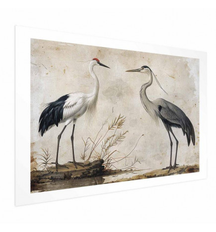 Poster - Birds from an Old Engraving - vintage-style illustration of a heron and a crane