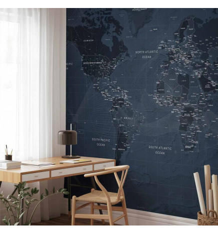 Fotobehang - World map in blue - continents with inscriptions in English
