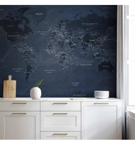 Carta da parati - World map in blue - continents with inscriptions in English