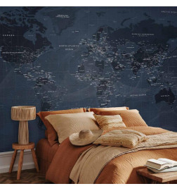 Papier peint - World map in blue - continents with inscriptions in English