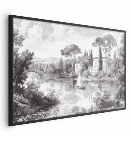 Plakatas - Black-and-White Vintage Landscape with a Pond
