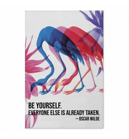 Plakat - Colorful Repetition - three flamingo silhouettes with an inspiring quote