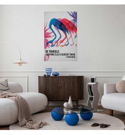 Plakatas - Colorful Repetition - three flamingo silhouettes with an inspiring quote