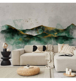 Fotomural - Abstract landscape - green mountains with golden patterns and birds